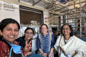 Returning to TMH in Mumbai on the commuter train, after visiting Chhatrapati Shivaji Maharaj Hospital in Kalwa (L to R, Dr. Shamali Poojary, Dr. Manasi Patil , Dr Megan Doherty, Dr Pradnya Talawadekar)
