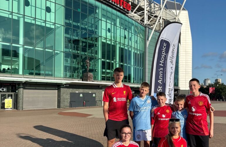 Grandchildren of Ian Mellow run between Old Trafford and the Etihad stadium for St Ann’s Hospice