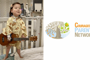 Courageous Parents Network Logo. Child in hospital with guitar.